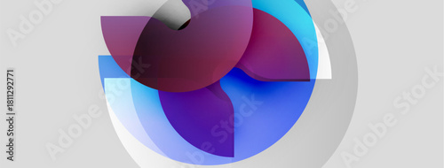 Abstract design features overlapping translucent shapes. Colors include purple, blue, red, white. Minimalist composition, modern aesthetic.