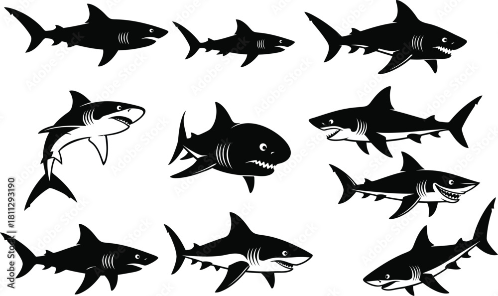 Fototapeta premium Shark silhouette collection vector illustration isolated on white