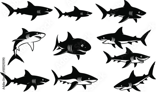 Shark silhouette collection vector illustration isolated on white