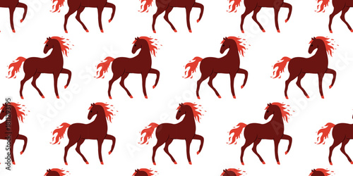 Pattern of red horses with flowing manes against a white background in repeating design