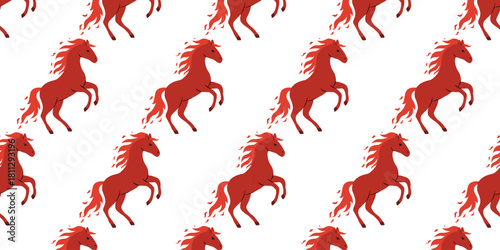 Red horses trotting in a repetitive pattern on a white background creating a vibrant and playful design