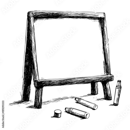 Empty blackboard with colorful markers beside it on a white background