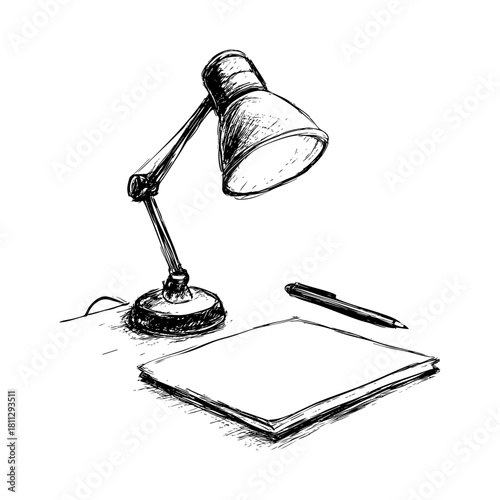 Sketch of a desk lamp illuminating a blank notepad and pen