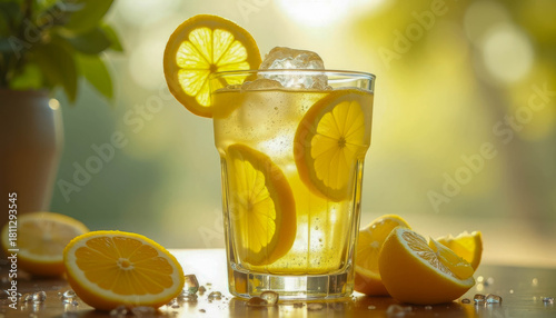 Refreshing lemonade served in a clear glass with ice and lemon slices on a sunny summer day