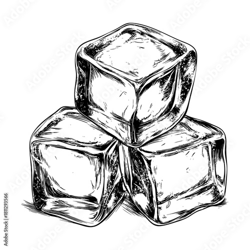 Three ice cubes stacked on a white background detailed illustration
