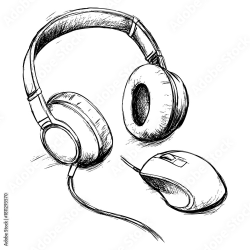 Stylized sketch of headphones and a computer mouse on white background