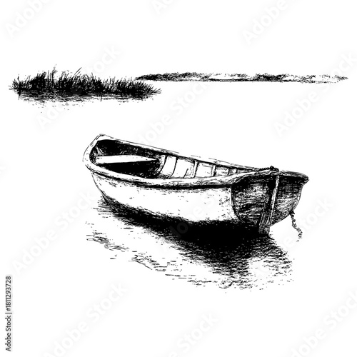 Artistic sketch of a solitary boat on calm waters