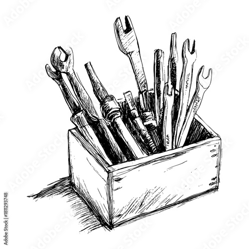Assortment of tools in a wooden box container