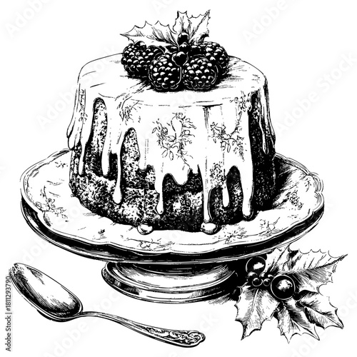 Beautifully illustrated festive cake with holly and berries decoration