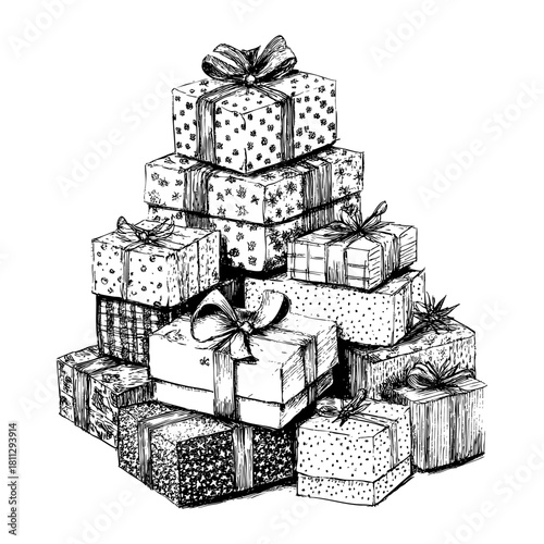 Collection of beautifully wrapped gift boxes stacked elegantly
