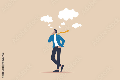 Man thinking with thought bubbles above head, problem solving