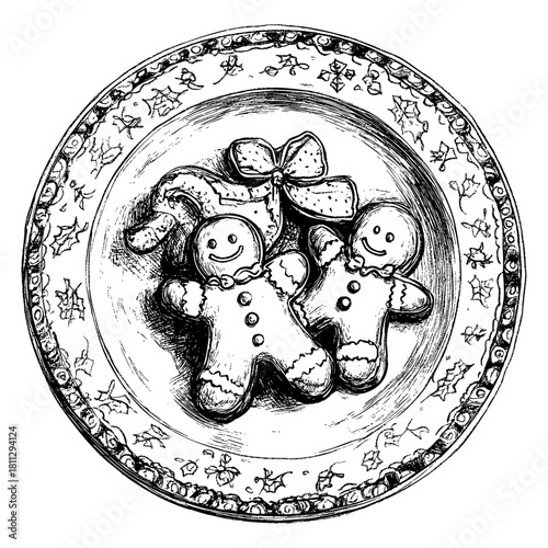 Hand-drawn gingerbread cookies on a festive plate with bow