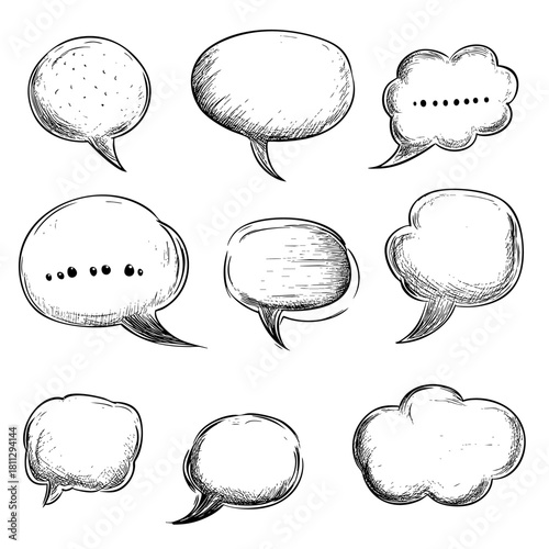 Hand-drawn speech bubbles in various shapes and sizes showing dialogue