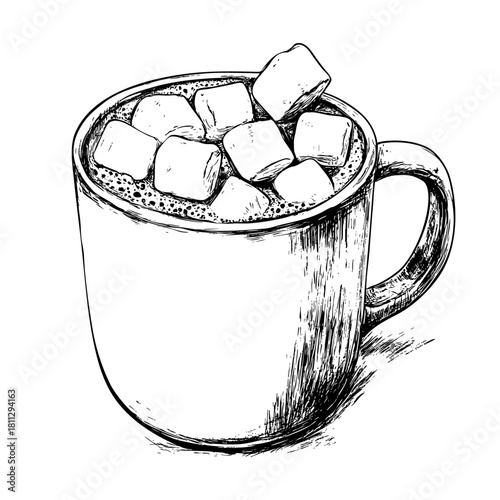 Hand-drawn illustration of a mug filled with hot chocolate and marshmallows