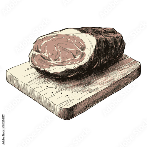 Illustration of delicious cured meat on a wooden cutting board