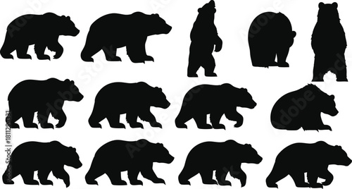Collection of black bear silhouette vector art illustrations