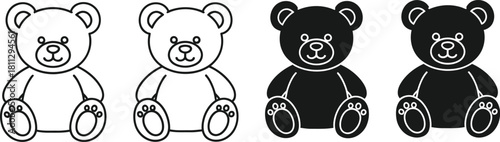 Four teddy bear illustrations in black and white outlines