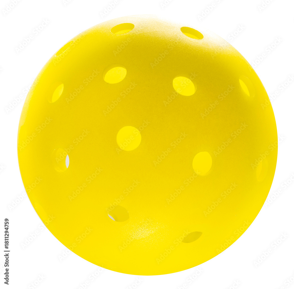 Fototapeta premium Bright Yellow pickleball with perforated design, isolated on white with clipping path ,pickleball ball vibrant sports equipment perfect for indoor and outdoor play PNG File.