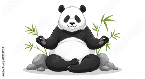 A chubby panda sits in a serene meditation pose, surrounded by bamboo and stones, eyes closed in perfect peace. Ideal for wellness stickers, mindful apps, and children's books.