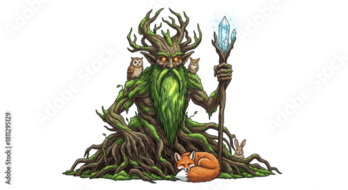 A wise ancient forest creature with a body of tree roots, a mossy beard, and amber eyes, holding a crystal staff. Perfect for fantasy stickers, book covers, and game assets.