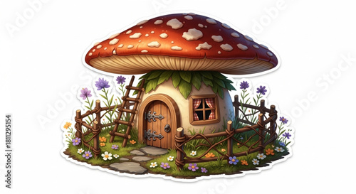 A charming miniature house under a giant mushroom with a tiny wooden door, checked curtains, and a twig fence. Perfect for sticker designs, fairy tale books, and whimsical projects.