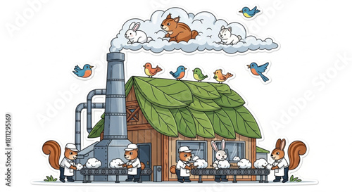 A whimsical miniature factory with a leaf roof, where squirrels and rabbits work a conveyor belt processing cotton, and the chimney puffs out animal-shaped clouds. Perfect for sticker designs.