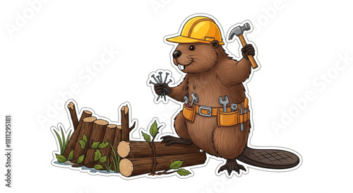An industrious otter wearing a tool belt and a tilted hard hat, actively building a small dam with a hammer and nail. Perfect for stickers, children's books, and motivational designs.