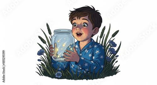 A child in starry pajamas holds a glowing glass jar containing a captured shooting star, face full of wonder. Perfect for stickers, children's books, and nursery decor.