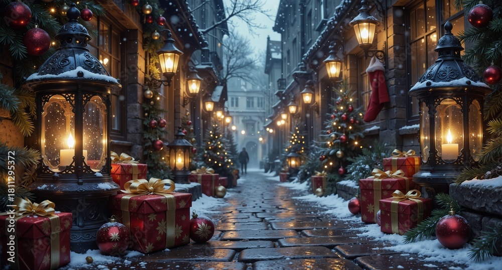 Fototapeta premium festive european cobblestone street decorated for christmas with glowing lanterns and gift boxes.