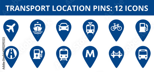 Transport location pins set with various travel icons in blue  
