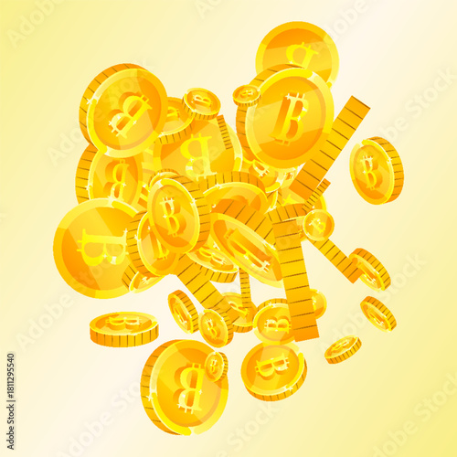 Bitcoin coins falling. Cryptocurrency scattered