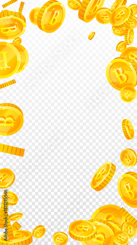 Bitcoin coins falling. Cryptocurrency scattered
