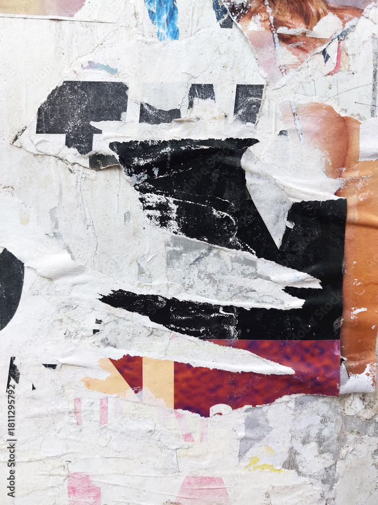 Fototapeta premium Old torn and ripped street poster background, weathered and messy paper texture