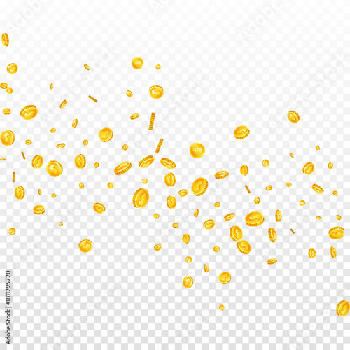 American dollar coins falling. Scattered gold USD