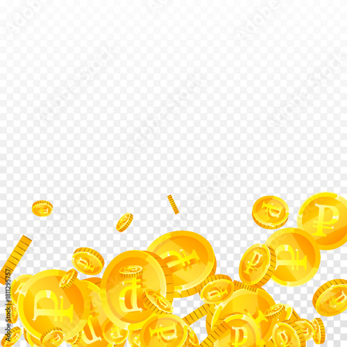 Russian ruble coins falling. Scattered gold RUB