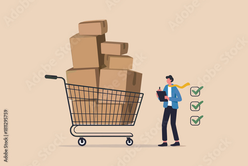 Man checking shipping boxes in a shopping cart for e-commerce