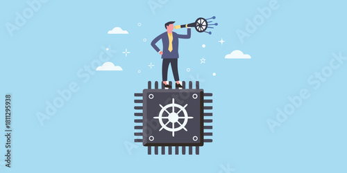 Visionary leader on microchip with telescope future technology concept