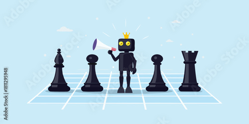 Robot king announcing chess strategy with megaphone on chessboard