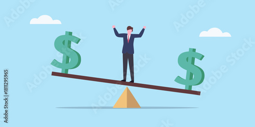 Businessman balancing on seesaw with dollar symbols achieving financial equilibrium