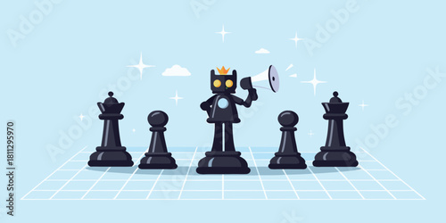 Robot chess king with megaphone leading strategy on a chessboard