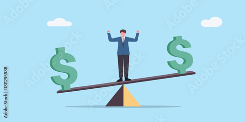 Businessman balancing on a seesaw with dollar signs financial stability concept