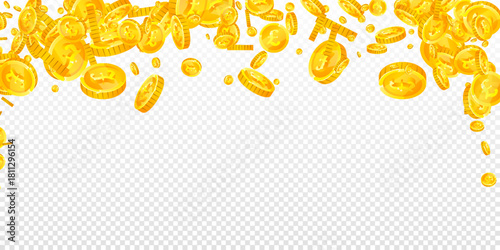 British pound coins falling. Scattered gold GBP