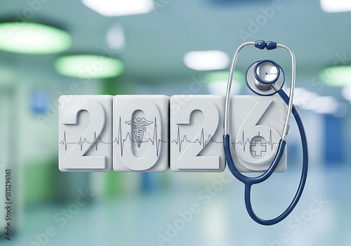 Healthcare forecast for 2026 with a stethoscope, envisioning innovative medical solutions and a healthy future, representing progress and care