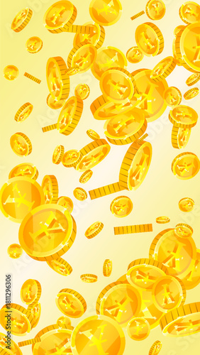 Japanese yen coins falling. Scattered gold JPY