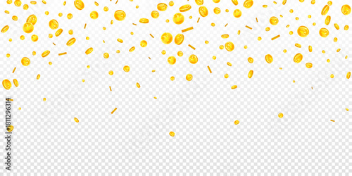 Chinese yuan coins falling. Scattered gold CNY