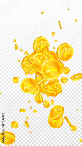 Chinese yuan coins falling. Scattered gold CNY