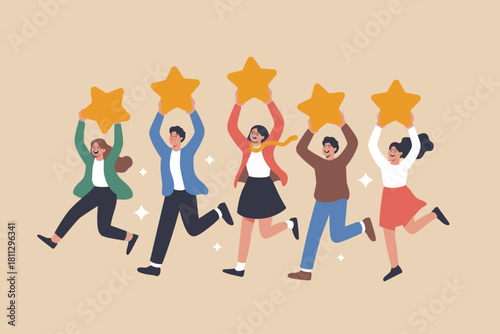Happy diverse people jumping holding stars celebrating success