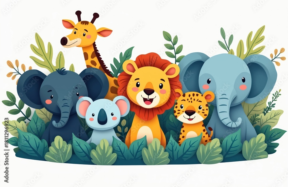 Naklejka premium Cute cartoon animals safari theme with giraffe elephant lion koala leopard and foliage. Playful characters create joy for kids decor prints greeting cards invitations and storybooks.