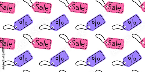 Colorful discount tags displayed in a repeating pattern on a white background for promotions and sales events