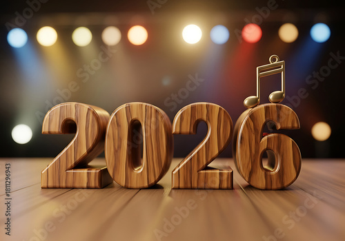 Celebrate 2026 with music, a year of joyful tunes and rhythms, wooden numbers with a golden note on stage, perfect for events and promotions